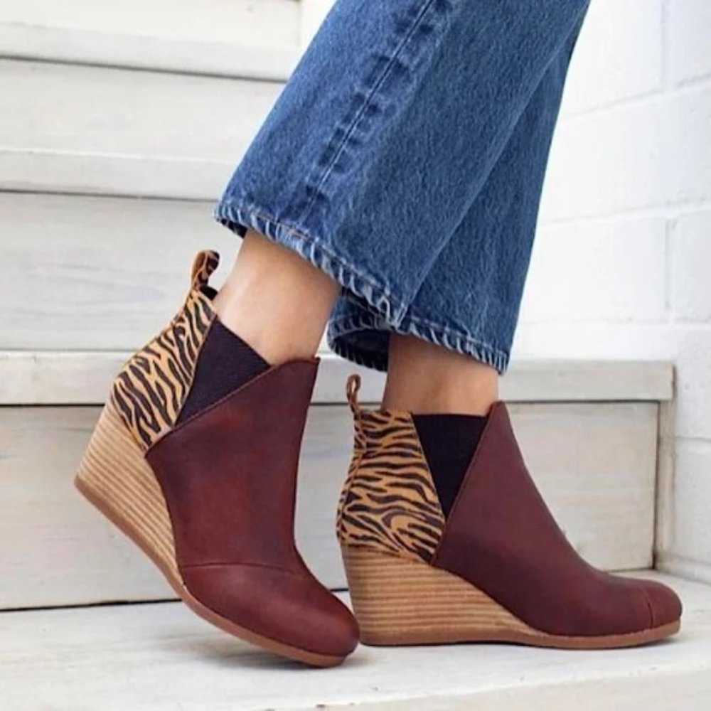 Toms 7 Brown Chunky Wedge Zebra Print Booties Ankle Boots KELSEY‎ Leather